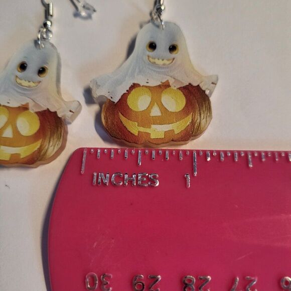 Retro Halloween Ghost on Pumpkin Cartoon Style Acrylic Dangle Earrings - Picture 3 of 6
